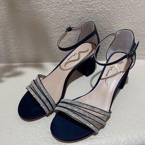 Nina Nagida Navy Blue Rhinestone Block Heel 8.5  Sparkle Adjustable Ankle Straps